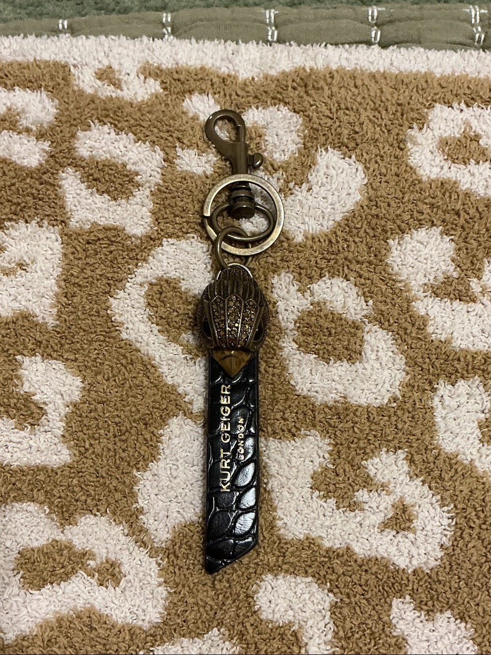 Kurt Geiger Black Croc-Embossed Leather Key Fob with Antique Gold Charm